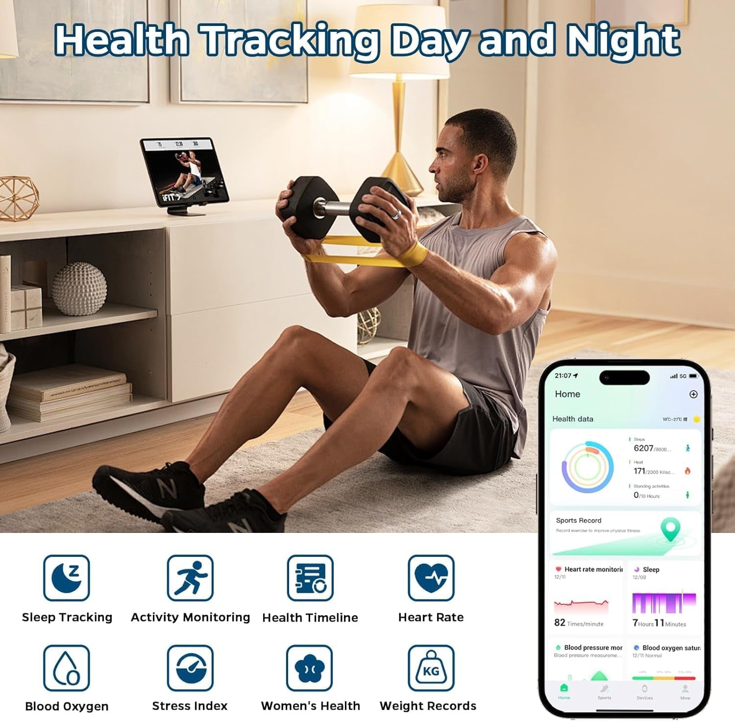 Sleep Tracker Ring with Heart Rate, Waterproof Fitness Ring for Activity Monitoring/Steps/Distance/Calories, Air Gestures, up to 7-Day Battery, for Ios Android 