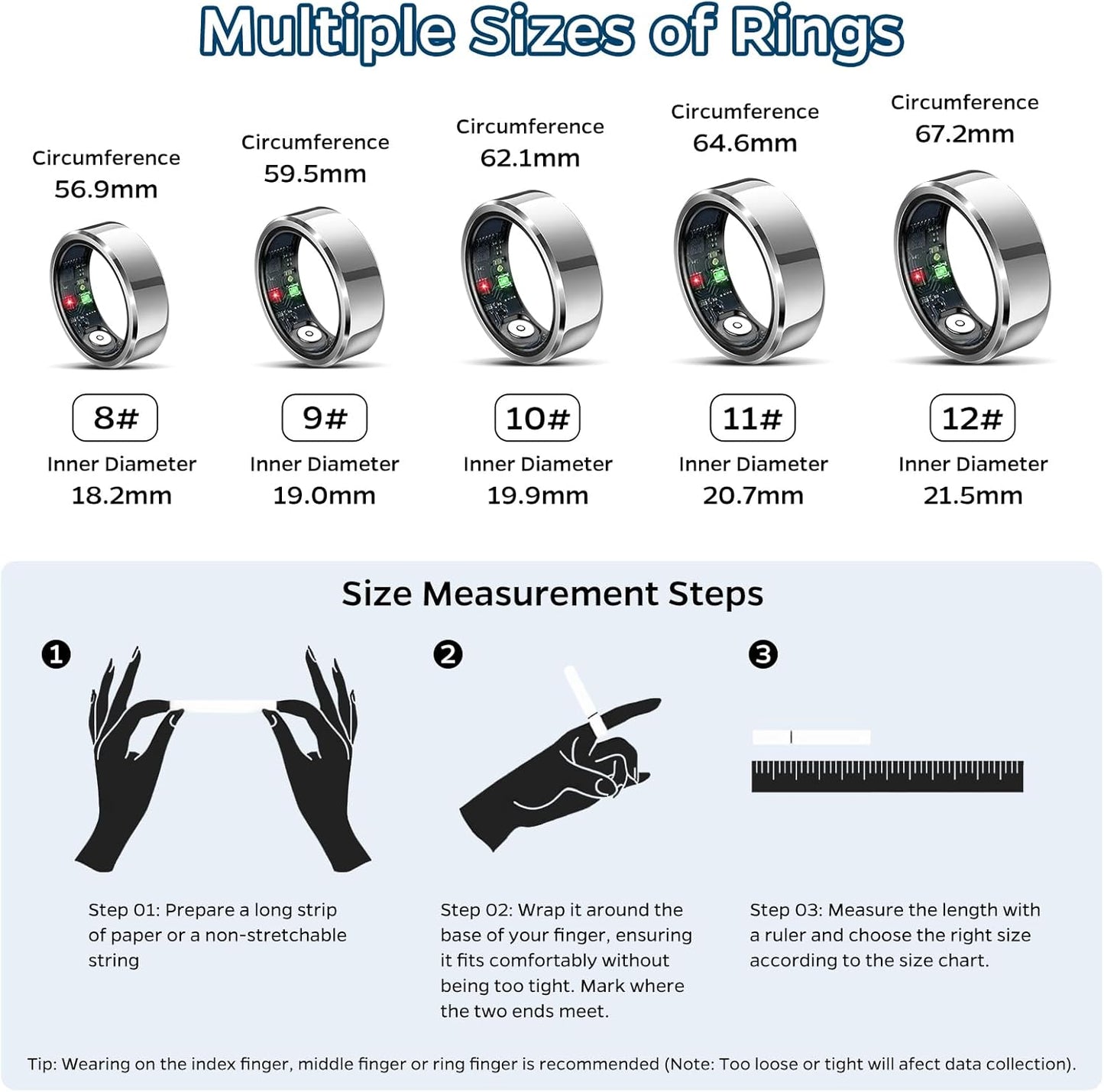 Sleep Tracker Ring with Heart Rate, Waterproof Fitness Ring for Activity Monitoring/Steps/Distance/Calories, Air Gestures, up to 7-Day Battery, for Ios Android 