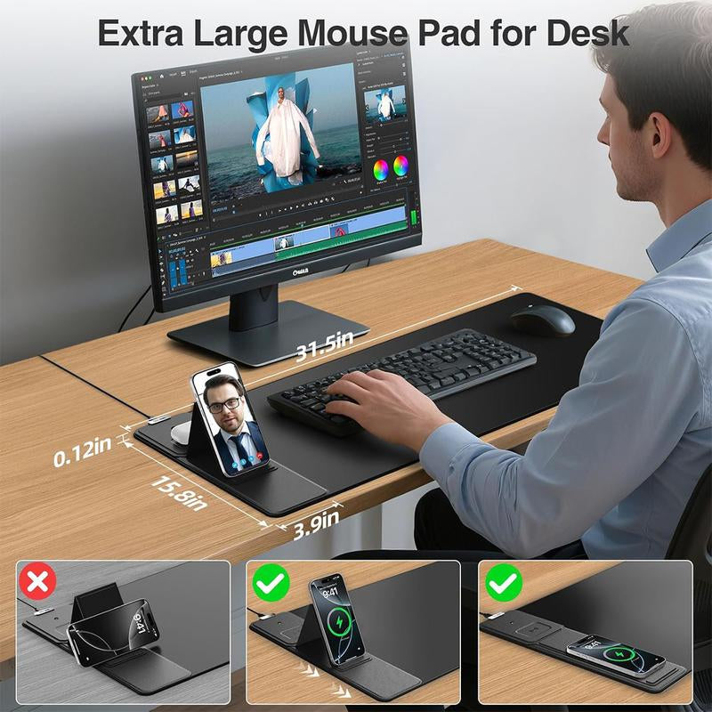 Wireless Charging Mouse Pad with Foldable Phone Holder