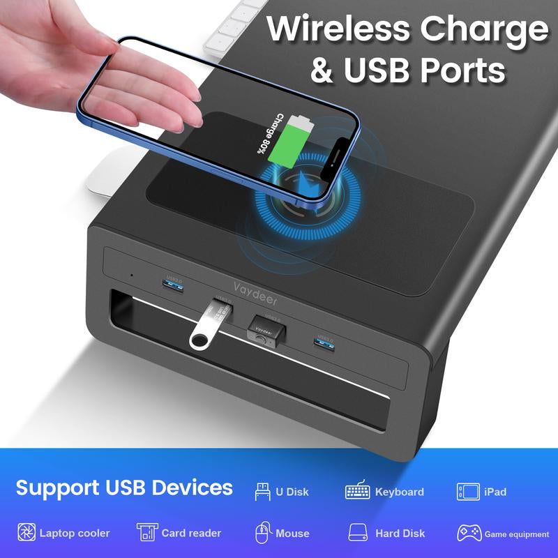 Dual Monitor Stand with Wireless Charging and 4 USB Ports
