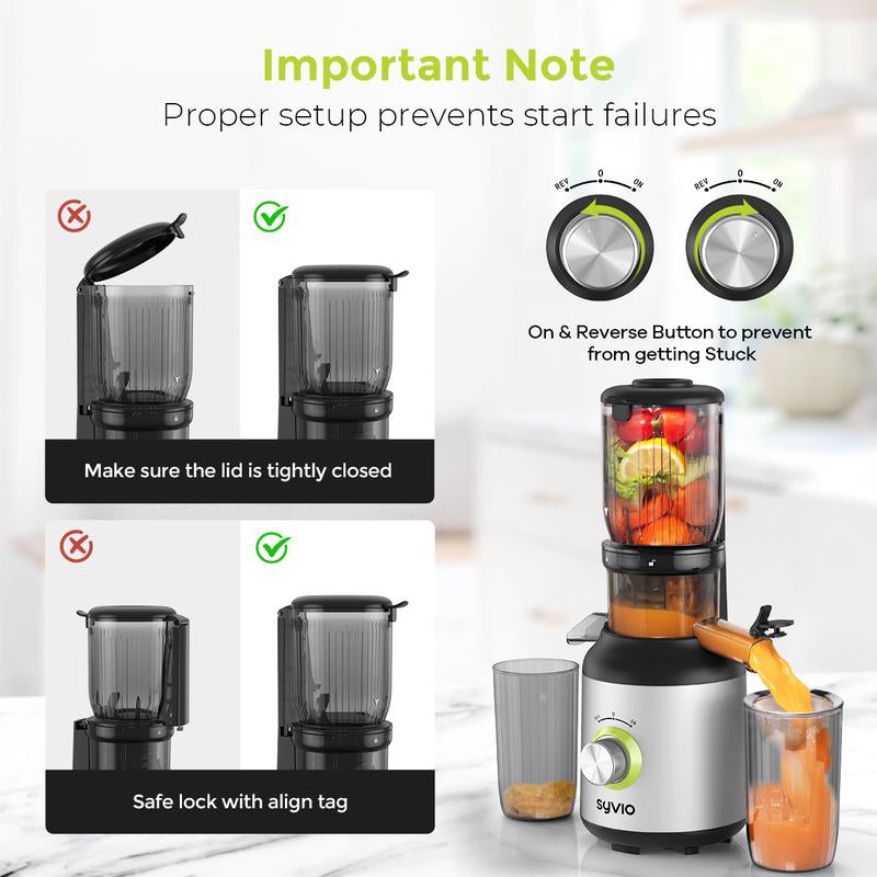 Syvio Juicer Machines, Cold Press Juicer with Large Feed Chute for Whole Fruits & Vegetables