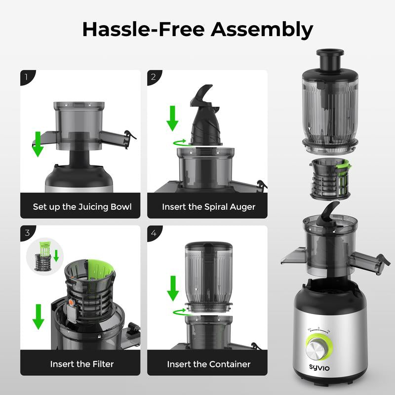 Syvio Juicer Machines, Cold Press Juicer with Large Feed Chute for Whole Fruits & Vegetables